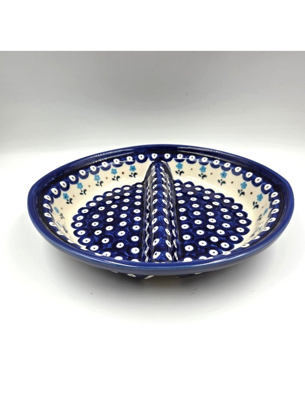 Boleslawiec Polish Pottery Divided Serving Bowl Dish Peacock & Blue Flowers 10X9
